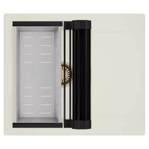 HD Onyx White 58 egymedencés mosogatótálca szett, matt fekete csepegtetőráccsal és krómozott kosárral, csepegtetőtálcával, tört fehér színben, szálcsiszolt arany leeresztő szifonnal