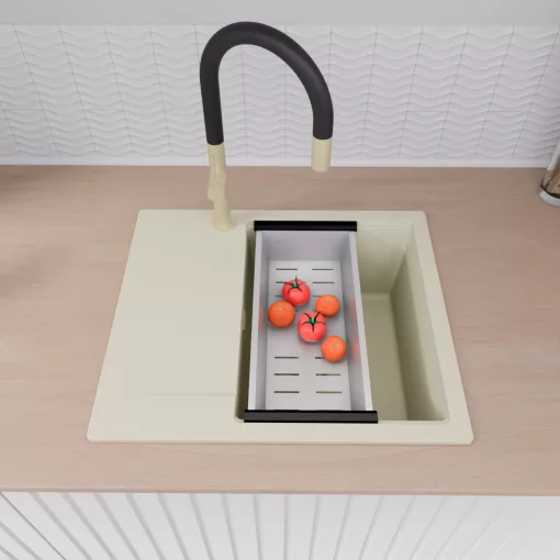 HD Onyx White 58 egymedencés mosogatótálca szett, matt fekete csepegtetőráccsal és krómozott kosárral, csepegtetőtálcával, tört fehér színben, szálcsiszolt arany leeresztő szifonnal