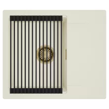 HD Onyx White 58 egymedencés mosogatótálca szett, matt fekete csepegtetőráccsal, csepegtetőtálcával, tört fehér színben, szálcsiszolt arany leeresztő szifonnal