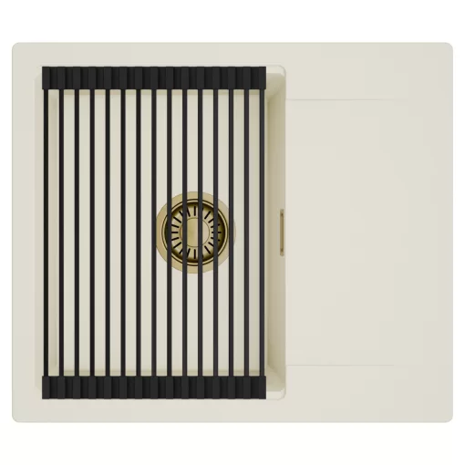 HD Onyx White 58 egymedencés mosogatótálca szett, matt fekete csepegtetőráccsal, csepegtetőtálcával, tört fehér színben, szálcsiszolt arany leeresztő szifonnal