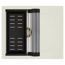 HD Onyx White 58 egymedencés mosogatótálca szett, acél csepegtetőráccsal és matt fekete kosárral, csepegtetőtálcával, tört fehér színben, szálcsiszolt arany leeresztő szifonnal