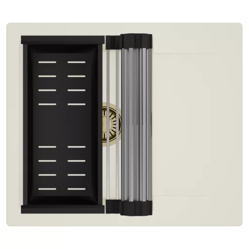 HD Onyx White 58 egymedencés mosogatótálca szett, acél csepegtetőráccsal és matt fekete kosárral, csepegtetőtálcával, tört fehér színben, szálcsiszolt arany leeresztő szifonnal