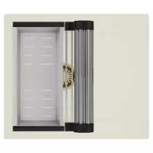 HD Onyx White 58 egymedencés mosogatótálca szett, acél csepegtetőráccsal és kosárral, csepegtetőtálcával, tört fehér színben, szálcsiszolt arany leeresztő szifonnal