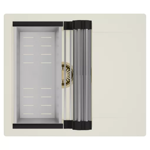 HD Onyx White 58 egymedencés mosogatótálca szett, acél csepegtetőráccsal és kosárral, csepegtetőtálcával, tört fehér színben, szálcsiszolt arany leeresztő szifonnal