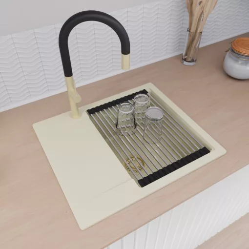 HD Onyx White 58 egymedencés mosogatótálca szett, acél csepegtetőráccsal és kosárral, csepegtetőtálcával, tört fehér színben, szálcsiszolt arany leeresztő szifonnal