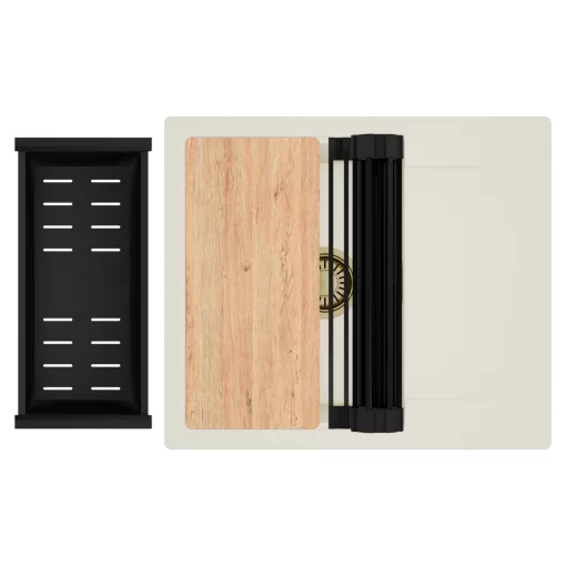 HD Onyx White 58 egymedencés mosogatótálca szett, vágódeszkával, matt fekete csepegtetőráccsal és kosárral, csepegtetőtálcával, tört fehér színben, szálcsiszolt arany leeresztő szifonnal