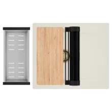 HD Onyx White 58 egymedencés mosogatótálca szett, vágódeszkával, matt fekete csepegtetőráccsal és krómozott kosárral, csepegtetőtálcával, tört fehér színben, szálcsiszolt arany leeresztő szifonnal