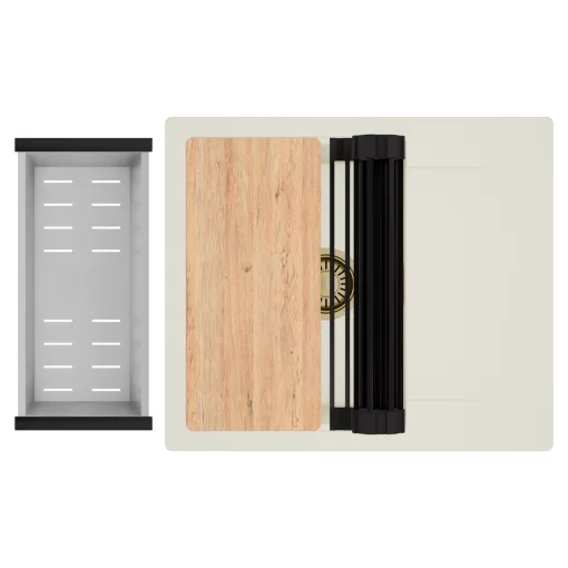 HD Onyx White 58 egymedencés mosogatótálca szett, vágódeszkával, matt fekete csepegtetőráccsal és krómozott kosárral, csepegtetőtálcával, tört fehér színben, szálcsiszolt arany leeresztő szifonnal