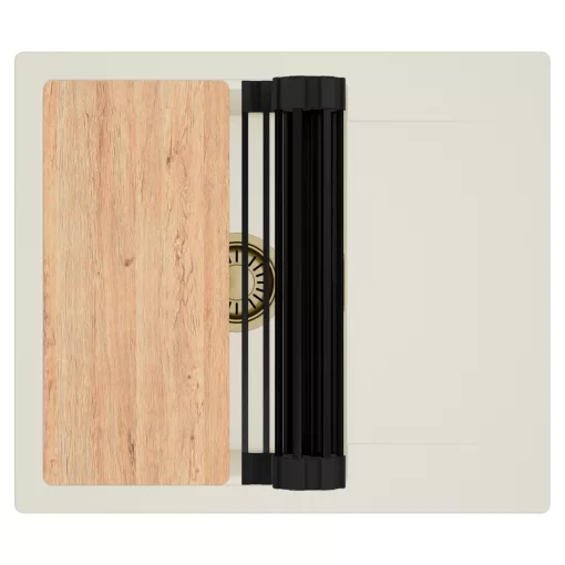 HD Onyx White 58 egymedencés mosogatótálca szett, vágódeszkával, matt fekete csepegtetőráccsal, csepegtetőtálcával, tört fehér színben, szálcsiszolt arany leeresztő szifonnal