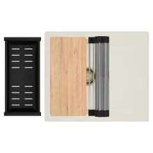 HD Onyx White 58 egymedencés mosogatótálca szett, vágódeszkával, acél csepegtetőráccsal és matt fekete kosárral, csepegtetőtálcával, tört fehér színben, szálcsiszolt arany leeresztő szifonnal