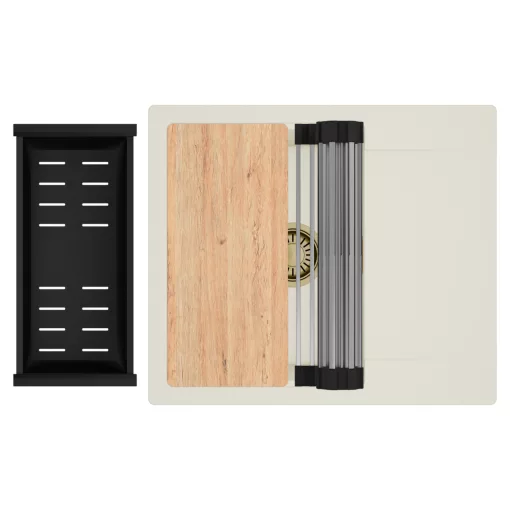 HD Onyx White 58 egymedencés mosogatótálca szett, vágódeszkával, acél csepegtetőráccsal és matt fekete kosárral, csepegtetőtálcával, tört fehér színben, szálcsiszolt arany leeresztő szifonnal