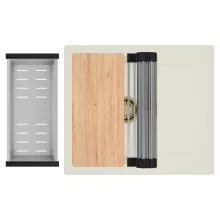 HD Onyx White 58 egymedencés mosogatótálca szett, vágódeszkával, acél csepegtetőráccsal és kosárral, csepegtetőtálcával, tört fehér színben, szálcsiszolt arany leeresztő szifonnal