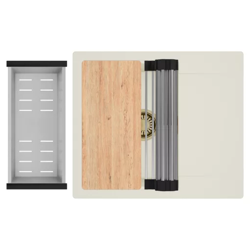 HD Onyx White 58 egymedencés mosogatótálca szett, vágódeszkával, acél csepegtetőráccsal és kosárral, csepegtetőtálcával, tört fehér színben, szálcsiszolt arany leeresztő szifonnal