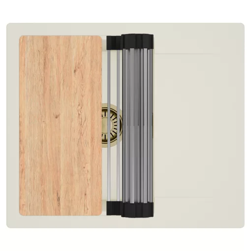 HD Onyx White 58 egymedencés mosogatótálca szett, vágódeszkával, acél csepegtetőráccsal, csepegtetőtálcával, tört fehér színben, szálcsiszolt arany leeresztő szifonnal