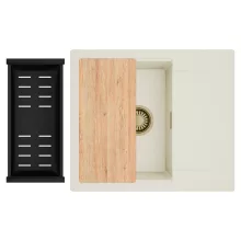 HD Onyx White 58 egymedencés mosogatótálca szett, vágódeszkával, matt fekete csepegtetőkosárral, csepegtetőtálcával, tört fehér színben, szálcsiszolt arany leeresztő szifonnal