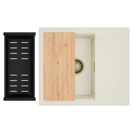 HD Onyx White 58 egymedencés mosogatótálca szett, vágódeszkával, matt fekete csepegtetőkosárral, csepegtetőtálcával, tört fehér színben, szálcsiszolt arany leeresztő szifonnal