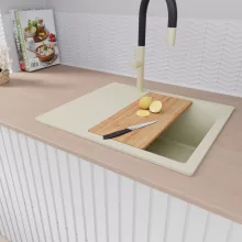 HD Onyx White 58 egymedencés mosogatótálca szett, vágódeszkával, matt fekete csepegtetőkosárral, csepegtetőtálcával, tört fehér színben, szálcsiszolt arany leeresztő szifonnal