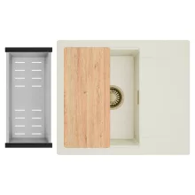 HD Onyx White 58 egymedencés mosogatótálca szett, vágódeszkával, acél csepegtetőkosárral, csepegtetőtálcával, tört fehér színben, szálcsiszolt arany leeresztő szifonnal