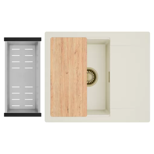 HD Onyx White 58 egymedencés mosogatótálca szett, vágódeszkával, acél csepegtetőkosárral, csepegtetőtálcával, tört fehér színben, szálcsiszolt arany leeresztő szifonnal