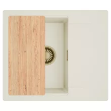 HD Onyx White 58 egymedencés mosogatótálca, vágódeszkával, csepegtetőtálcával, tört fehér színben, szálcsiszolt arany leeresztő szifonnal