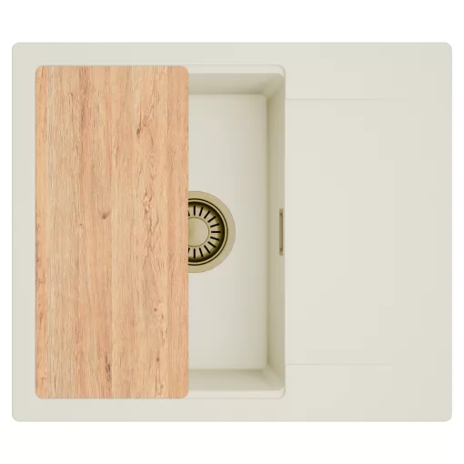 HD Onyx White 58 egymedencés mosogatótálca, vágódeszkával, csepegtetőtálcával, tört fehér színben, szálcsiszolt arany leeresztő szifonnal