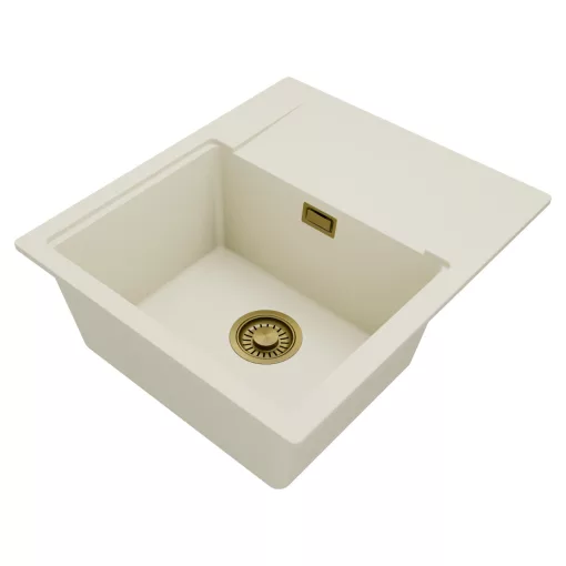 HD Onyx White 58 egymedencés mosogatótálca, vágódeszkával, csepegtetőtálcával, tört fehér színben, szálcsiszolt arany leeresztő szifonnal