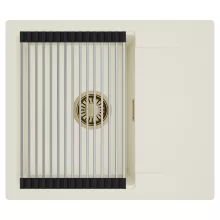 HD Onyx White 58 egymedencés mosogatótálca szett, acél csepegtetőráccsal, csepegtetőtálcával, tört fehér színben, szálcsiszolt arany leeresztő szifonnal