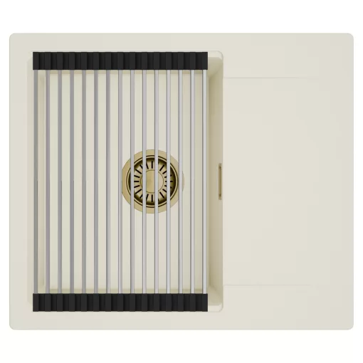 HD Onyx White 58 egymedencés mosogatótálca szett, acél csepegtetőráccsal, csepegtetőtálcával, tört fehér színben, szálcsiszolt arany leeresztő szifonnal