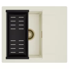 HD Onyx White 58 egymedencés mosogatótálca szett, matt fekete csepegtetőkosárral, csepegtetőtálcával, tört fehér színben, szálcsiszolt arany leeresztő szifonnal