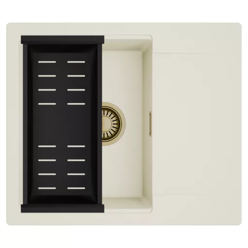 HD Onyx White 58 egymedencés mosogatótálca szett, matt fekete csepegtetőkosárral, csepegtetőtálcával, tört fehér színben, szálcsiszolt arany leeresztő szifonnal
