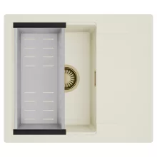 HD Onyx White 58 egymedencés mosogatótálca szett, acél csepegtetőkosárral, csepegtetőtálcával, tört fehér színben, szálcsiszolt arany leeresztő szifonnal