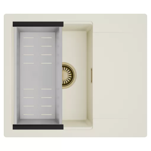 HD Onyx White 58 egymedencés mosogatótálca szett, acél csepegtetőkosárral, csepegtetőtálcával, tört fehér színben, szálcsiszolt arany leeresztő szifonnal