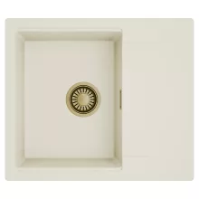 HD Onyx White 58 egymedencés mosogatótálca, csepegtetőtálcával, tört fehér színben, szálcsiszolt arany leeresztő szifonnal