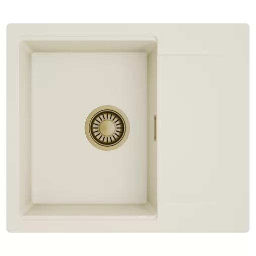 HD Onyx White 58 egymedencés mosogatótálca, csepegtetőtálcával, tört fehér színben, szálcsiszolt arany leeresztő szifonnal