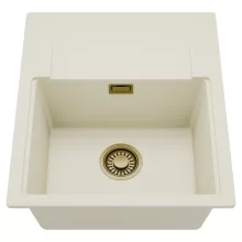 HD Onyx White 58 egymedencés mosogatótálca, csepegtetőtálcával, tört fehér színben, szálcsiszolt arany leeresztő szifonnal