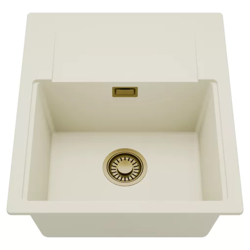 HD Onyx White 58 egymedencés mosogatótálca, csepegtetőtálcával, tört fehér színben, szálcsiszolt arany leeresztő szifonnal