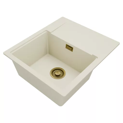 HD Onyx White 58 egymedencés mosogatótálca, csepegtetőtálcával, tört fehér színben, szálcsiszolt arany leeresztő szifonnal