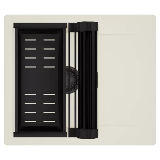 HD Onyx White 58 egymedencés mosogatótálca szett, matt fekete csepegtetőráccsal és kosárral, csepegtetőtálcával, tört fehér színben, matt fekete leeresztő szifonnal