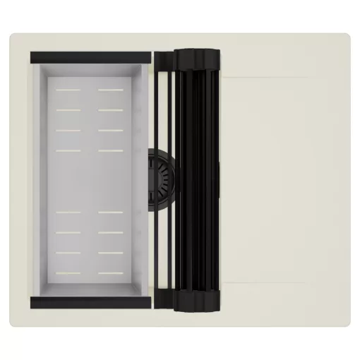 HD Onyx White 58 egymedencés mosogatótálca szett, matt fekete csepegtetőráccsal és krómozott kosárral, csepegtetőtálcával, tört fehér színben, matt fekete leeresztő szifonnal