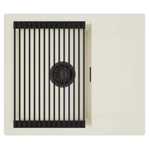 HD Onyx White 58 egymedencés mosogatótálca szett, matt fekete csepegtetőráccsal, csepegtetőtálcával, tört fehér színben, matt fekete leeresztő szifonnal