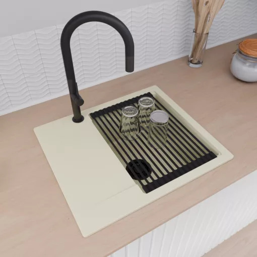 HD Onyx White 58 egymedencés mosogatótálca szett, matt fekete csepegtetőráccsal, csepegtetőtálcával, tört fehér színben, matt fekete leeresztő szifonnal