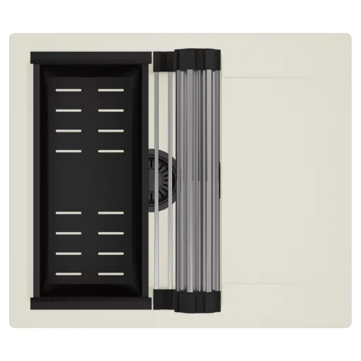 HD Onyx White 58 egymedencés mosogatótálca szett, acél csepegtetőráccsal és matt fekete kosárral, csepegtetőtálcával, tört fehér színben, matt fekete leeresztő szifonnal