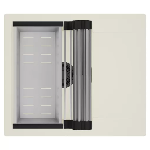 HD Onyx White 58 egymedencés mosogatótálca szett, acél csepegtetőráccsal és kosárral, csepegtetőtálcával, tört fehér színben, matt fekete leeresztő szifonnal