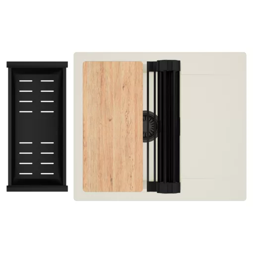 HD Onyx White 58 egymedencés mosogatótálca szett, vágódeszkával, matt fekete csepegtetőráccsal és kosárral, csepegtetőtálcával, tört fehér színben, matt fekete leeresztő szifonnal