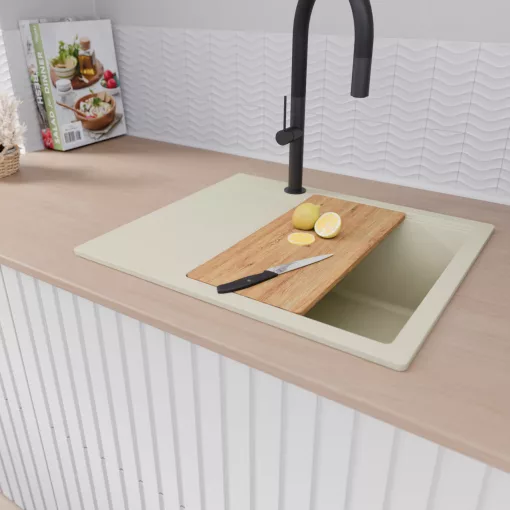 HD Onyx White 58 egymedencés mosogatótálca szett, vágódeszkával, matt fekete csepegtetőráccsal és kosárral, csepegtetőtálcával, tört fehér színben, matt fekete leeresztő szifonnal