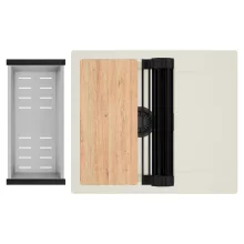 HD Onyx White 58 egymedencés mosogatótálca szett, vágódeszkával, matt fekete csepegtetőráccsal és krómozott kosárral, csepegtetőtálcával, tört fehér színben, matt fekete leeresztő szifonnal