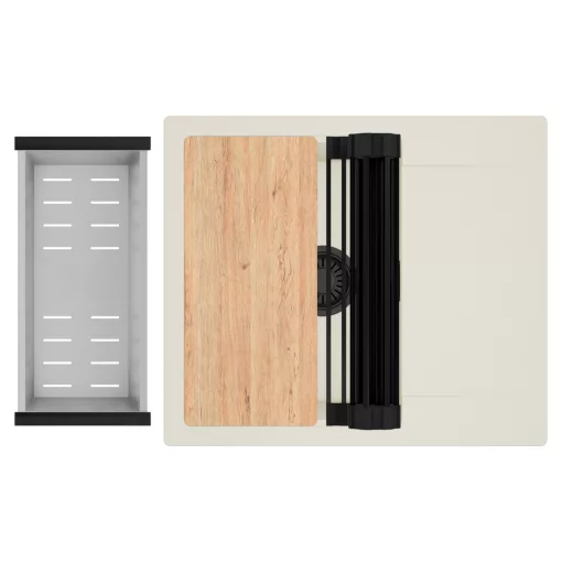 HD Onyx White 58 egymedencés mosogatótálca szett, vágódeszkával, matt fekete csepegtetőráccsal és krómozott kosárral, csepegtetőtálcával, tört fehér színben, matt fekete leeresztő szifonnal