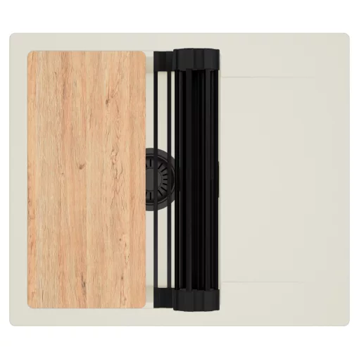 HD Onyx White 58 egymedencés mosogatótálca szett, vágódeszkával, matt fekete csepegtetőráccsal, csepegtetőtálcával, tört fehér színben, matt fekete leeresztő szifonnal