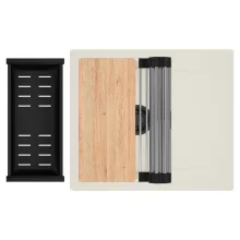 HD Onyx White 58 egymedencés mosogatótálca szett, vágódeszkával, acél csepegtetőráccsal és matt fekete kosárral, csepegtetőtálcával, tört fehér színben, matt fekete leeresztő szifonnal