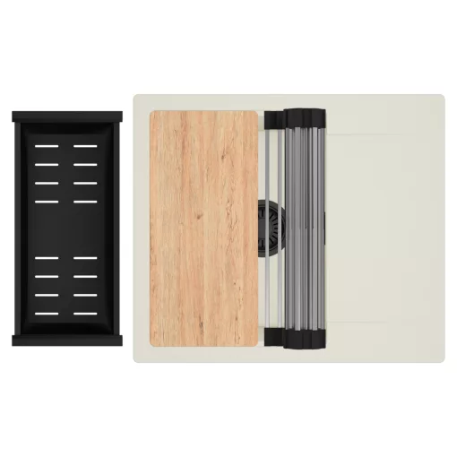 HD Onyx White 58 egymedencés mosogatótálca szett, vágódeszkával, acél csepegtetőráccsal és matt fekete kosárral, csepegtetőtálcával, tört fehér színben, matt fekete leeresztő szifonnal